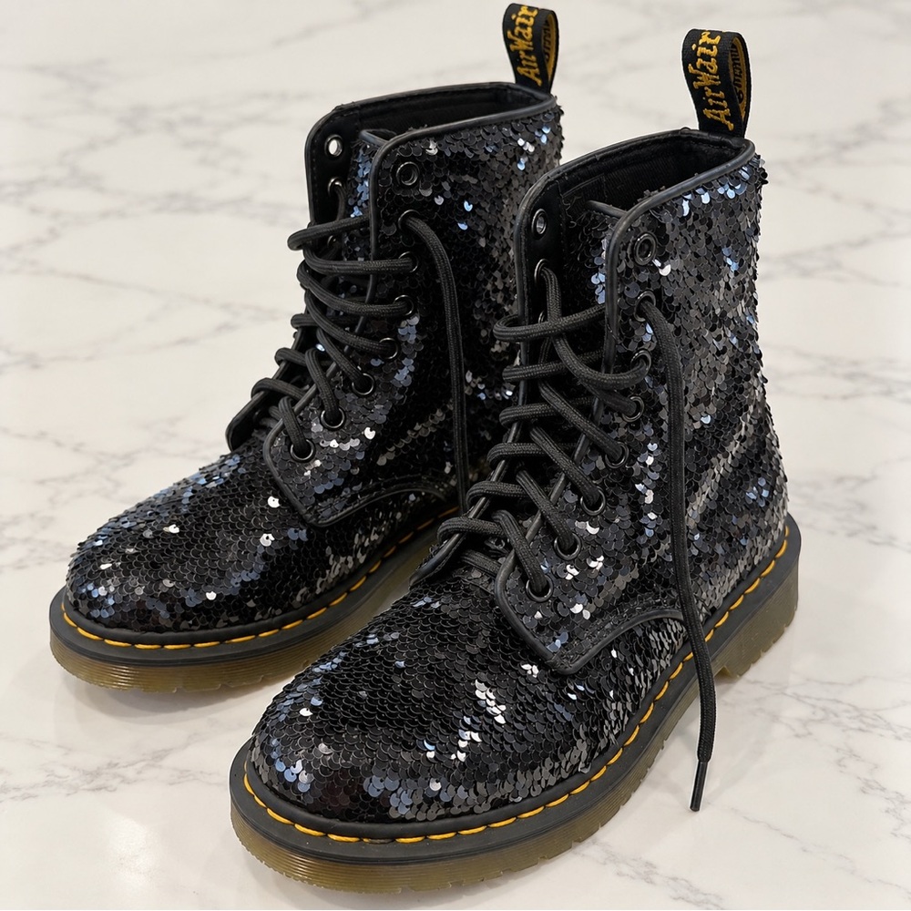 Dr. Martens Black Sequin Glitter 8-Eye Combat Boots